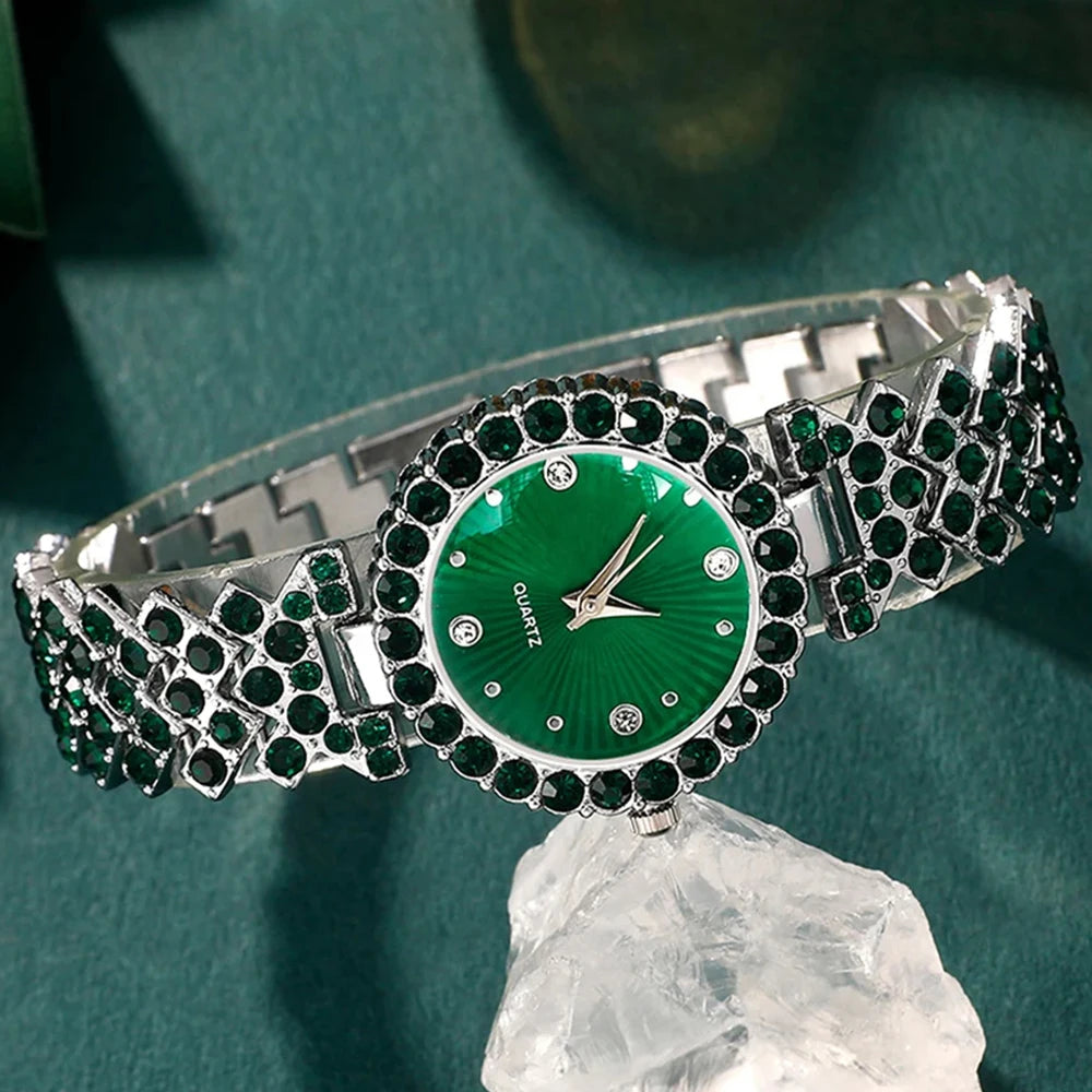 Women’s jewelry set including a heart rhinestone ring, necklace, earrings, and a luxury MC THE BLACK DIAMOND quartz watch.