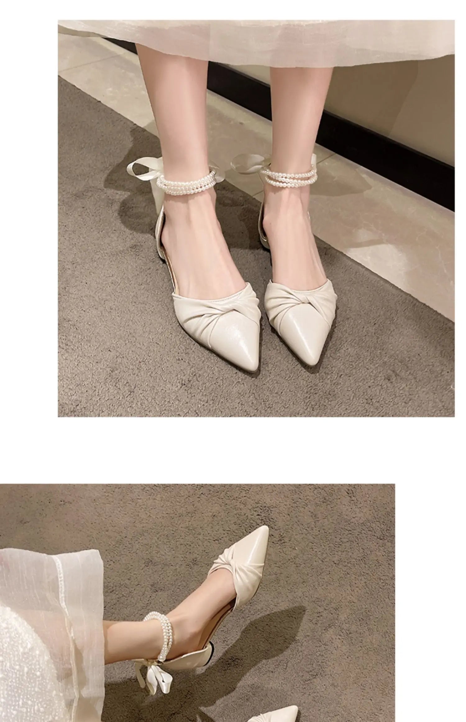 MC THE BLACK DIAMOND women's white fairy sandal with chunky heel, pearl accents, summer design, Korean style, PU material.