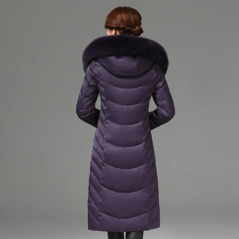 Shengyu Boya women's knee-length down jacket with fur collar, slim fit, thickened outwear for middle-aged and elderly women.