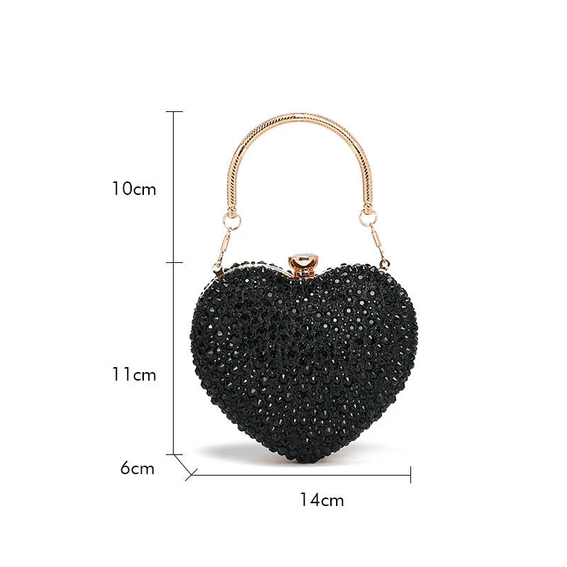 Luxury MC THE BLACK DIAMOND heart-shaped crystal clutch purse with rhinestone embellishments, evening wedding party shoulder handbag.
