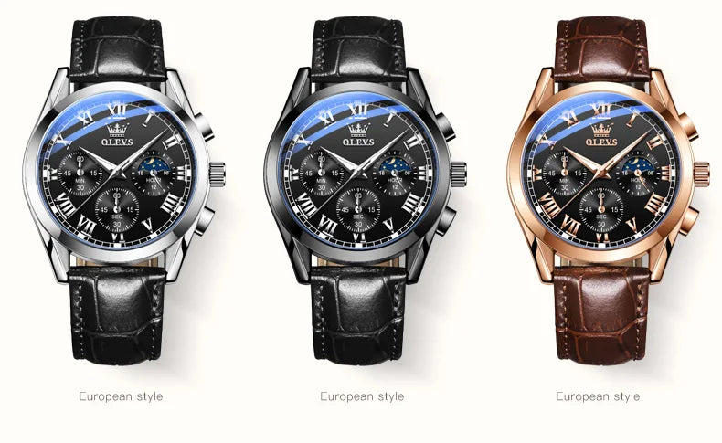 OLEVS Moon Phase men's chronograph watch with leather strap, luminous dial, waterproof design, and date display.