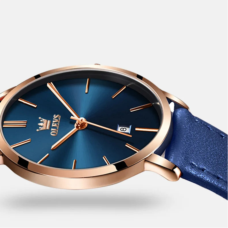 OLEVS minimalist women's watch with leather strap, waterproof quartz movement, featuring a calendar display and versatile design.