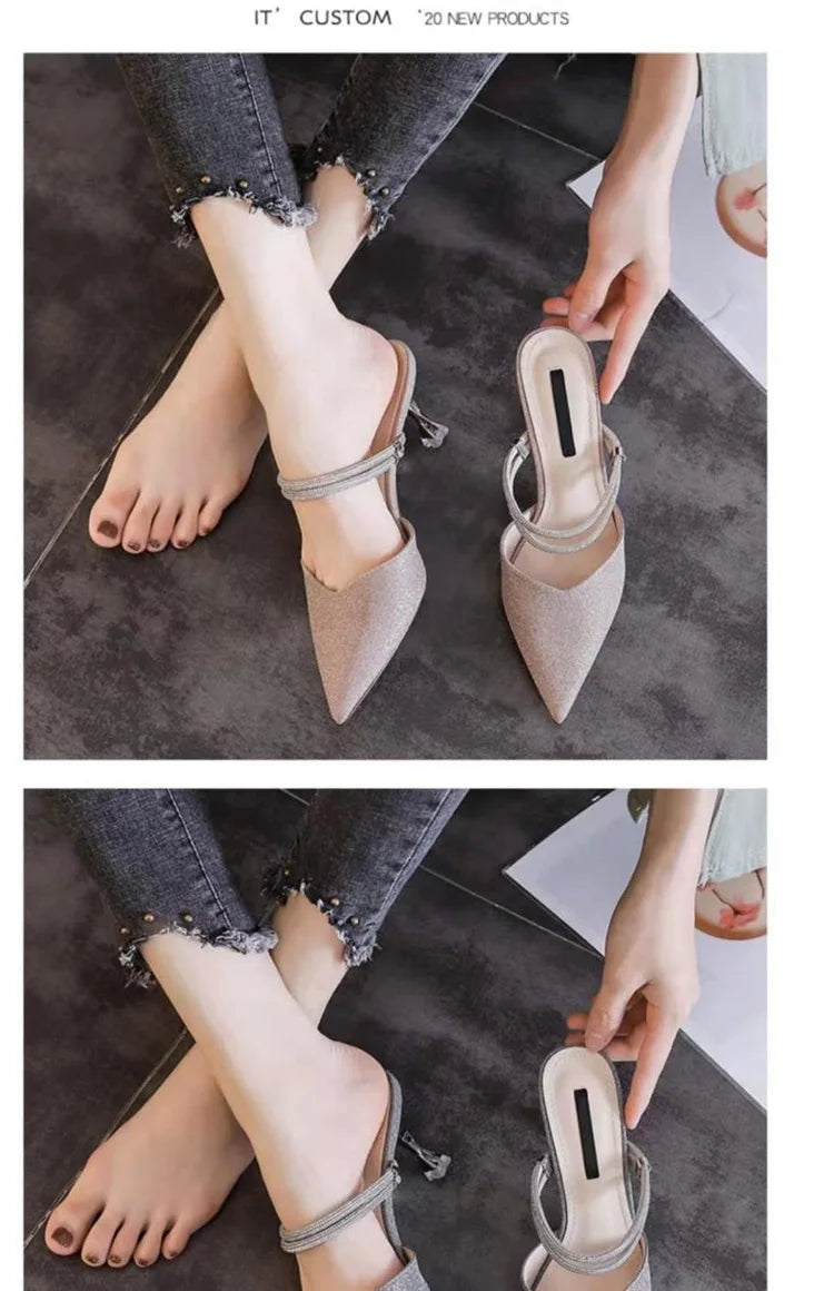 Women's Faionable slip-on sandals with thin square heels, blue fairy-like design, high-end PU material, two-way wear, by Mohammad Collection.