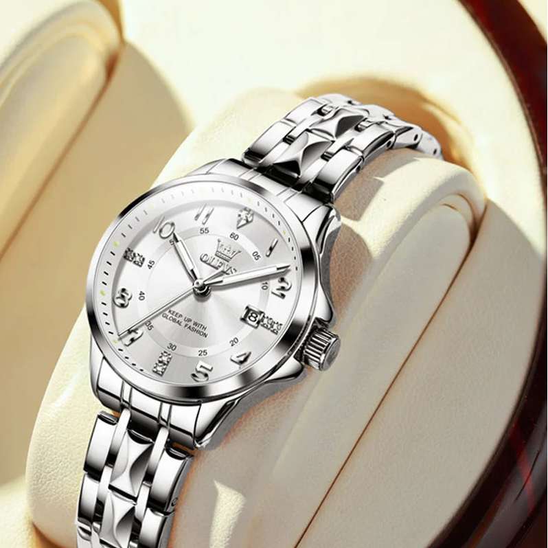 Elegant MC THE BLACK DIAMOND ladies' watch with luminous dial, waterproof quartz movement, and calendar feature on genuine wristwatch.