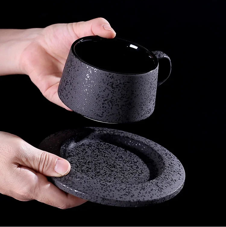 High-grade frosted ceramic coffee cup and saucer set with black spoon and cup holder, from 𝕄𝕔 𝕋𝕙𝕖 𝔹𝕝𝕒𝕔𝕜 𝔻𝕚�