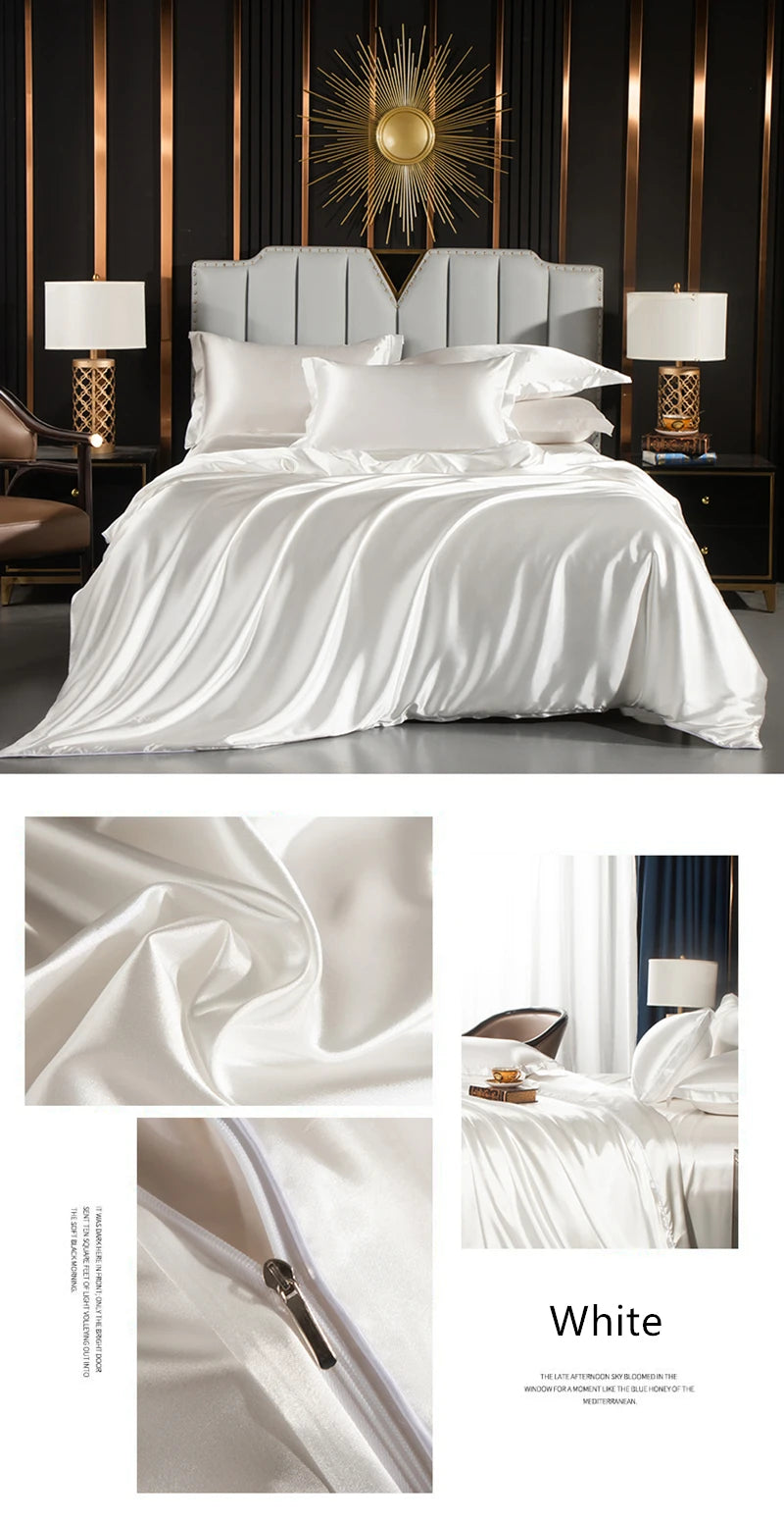 Luxurious solid silk bedding set with duvet cover, fitted and flat sheets, and pillowcases from 𝕄𝕔 𝕋𝕙𝕖 𝔹𝕝𝕒𝕔𝕜 𝔻𝕚�
