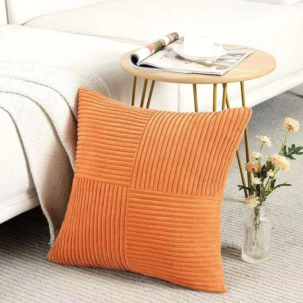 Mustard yellow corduroy pillow cover by MC THE BLACK DIAMOND featuring boho spliced patchwork and textured cushion design.
