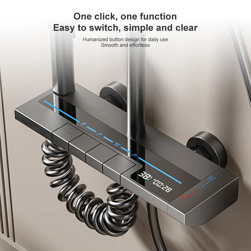 Grey MC THE BLACK DIAMOND shower column with digital display, rain shower head, and ambient light for modern bathroom shower system