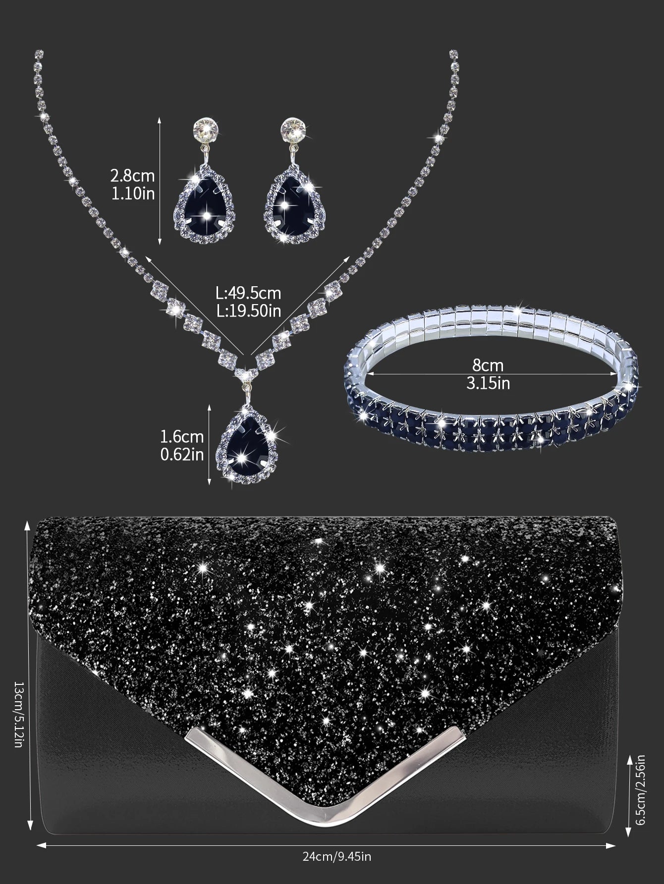Sparkling MC THE BLACK DIAMOND sequined evening clutch with rhinestone jewelry set including necklace, earrings, and bracelet.