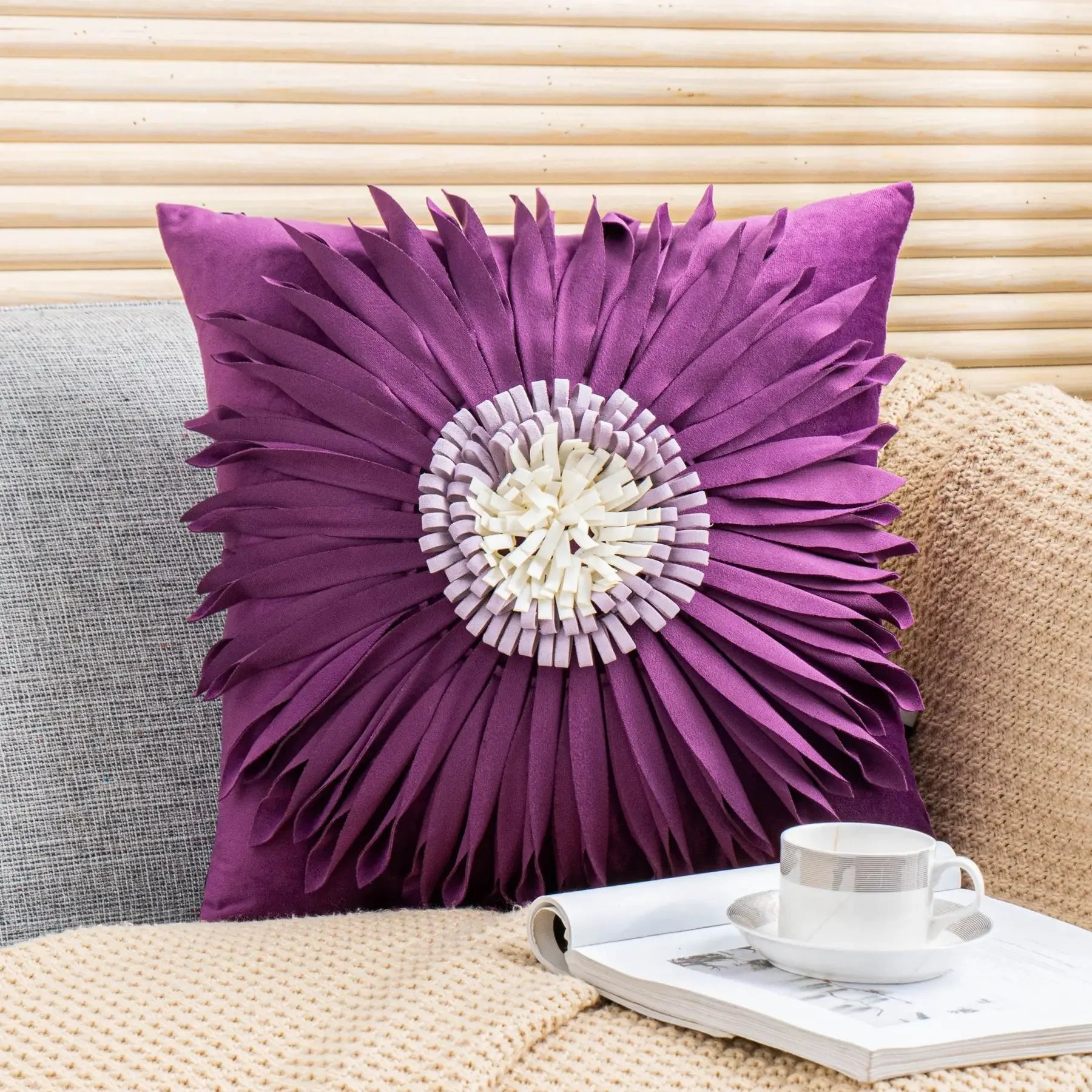 Pink and white velvet throw pillow with 3D chrysanthemum stitching, 45x45cm, featuring modern home decor style from MC THE BLACK DIAMOND.