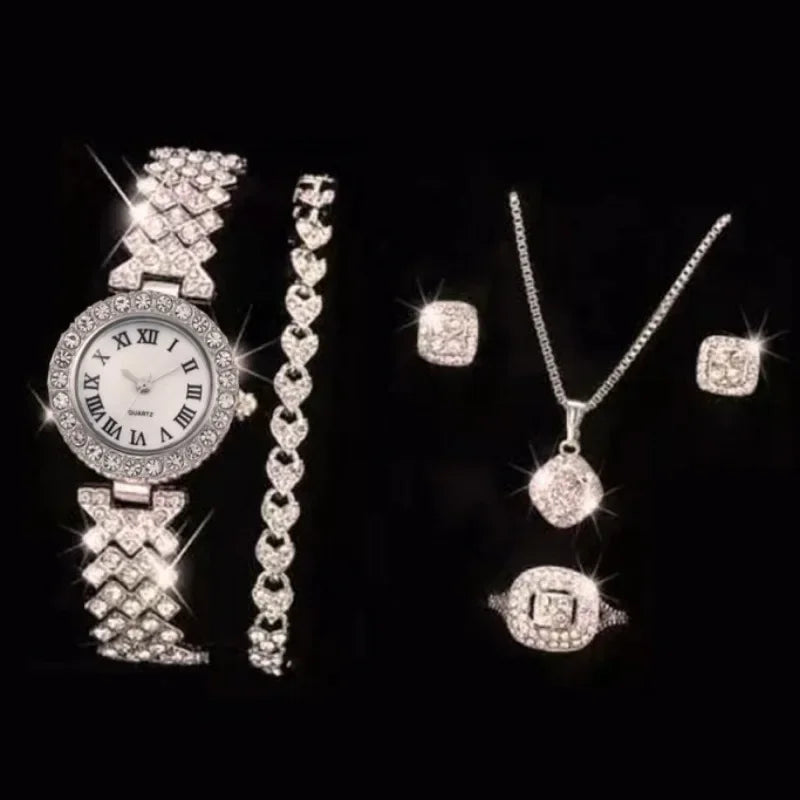 Casual ladies quartz wrist watch bracelet set with six jewelry pieces, featuring stylish designs and silver-tone finishes.