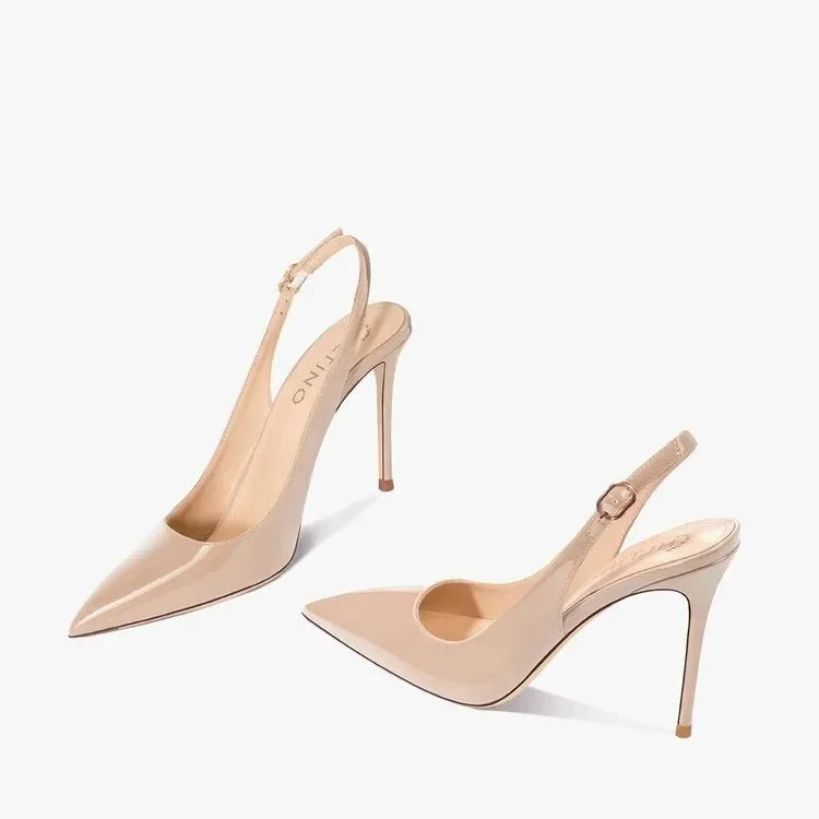 Elegant black patent leather heel sandals with pointed tips and strappy design, perfect for summer parties by MC THE BLACK DIAMOND