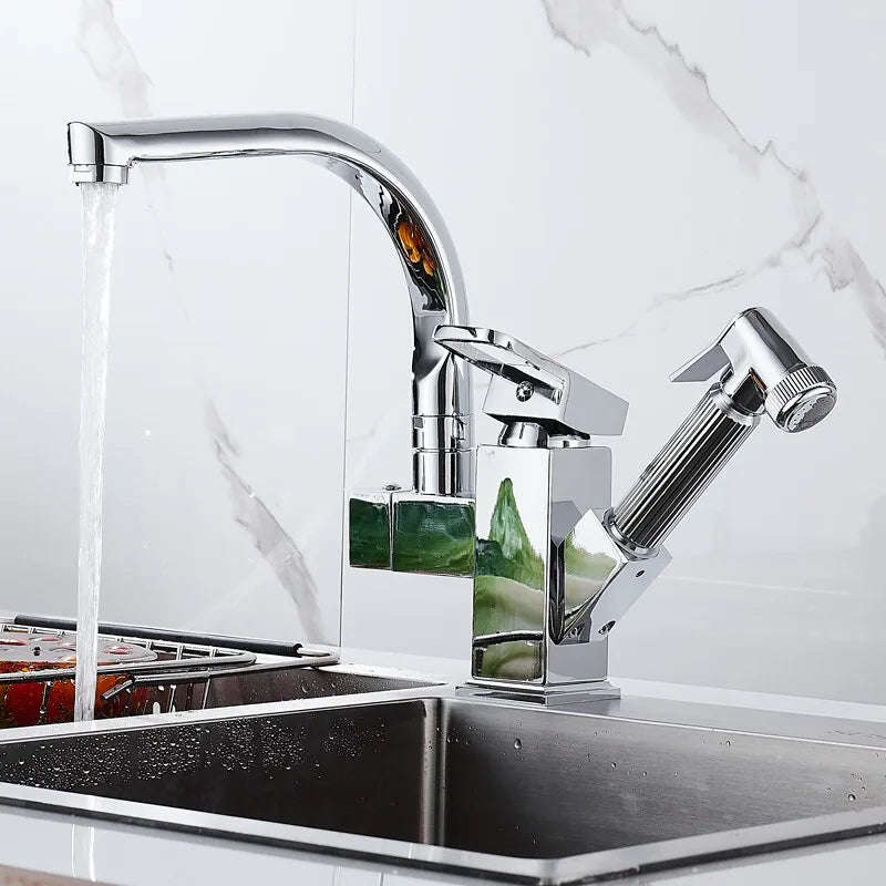 Black deck-mounted kitchen sink faucet with flexible pull-out spout, hot and cold water, chrome finish, by MC THE BLACK DIAMOND