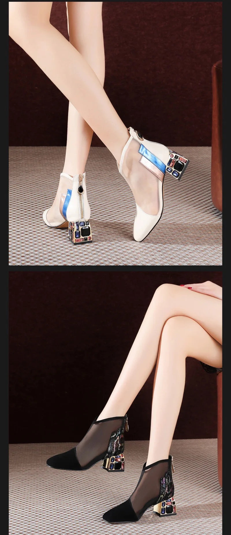 Luxury rhinestone summer ankle boots for women with mesh, pointed toe, thick heel, and casual style from Mohammad Collection.