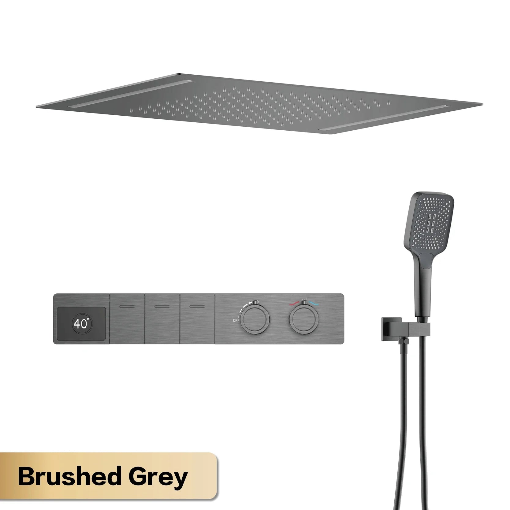 Luxury brass gun gray ceiling shower system with LED digital display, hot and cold water control, for bathroom bath from 𝕄𝕔 𝕋𝕙𝕖 𝔹𝕝𝕒𝕔𝕜 𝔻�