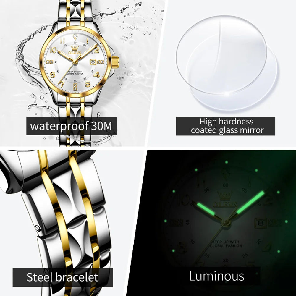 Elegant MC THE BLACK DIAMOND ladies' quartz wristwatch with luminous dial, calendar, and 30m waterproof feature.