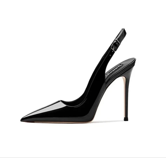 Elegant women's heel sandals with pointed tips, strappy patent leather design by MC THE BLACK DIAMOND for summer 2026 parties.