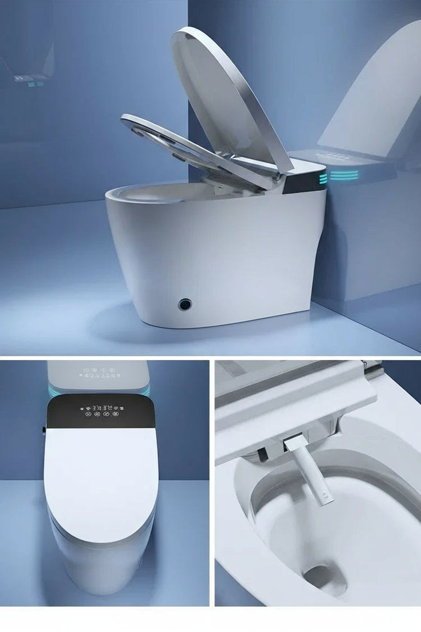 Fully automatic ZQSmart toilet by MC The Black Diamonds with voice control, instant hot water, and no water pressure limit in a modern bath.