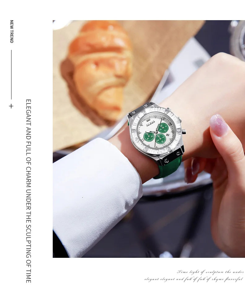 Elegant women's leather strap watch by Mohammad Collection, featuring a diamond bezel, chronograph, and waterproof quartz movement.