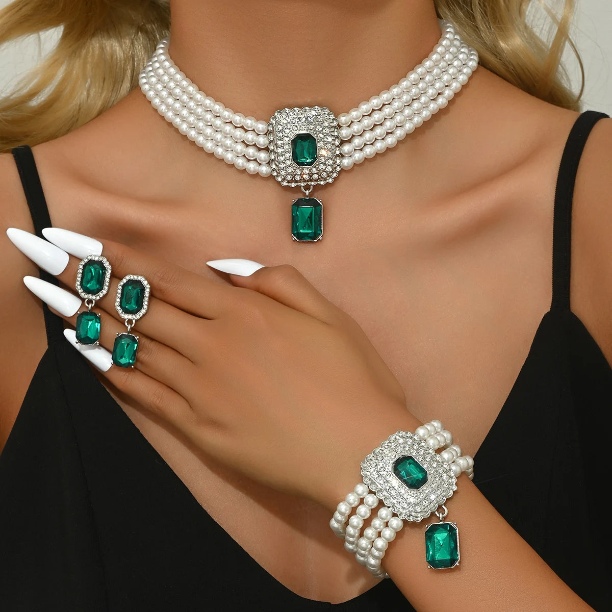 MC THE BLACK DIAMOND women's jewelry set with imitation pearl rhinestone necklace, earrings, and bracelet for fashion and parties