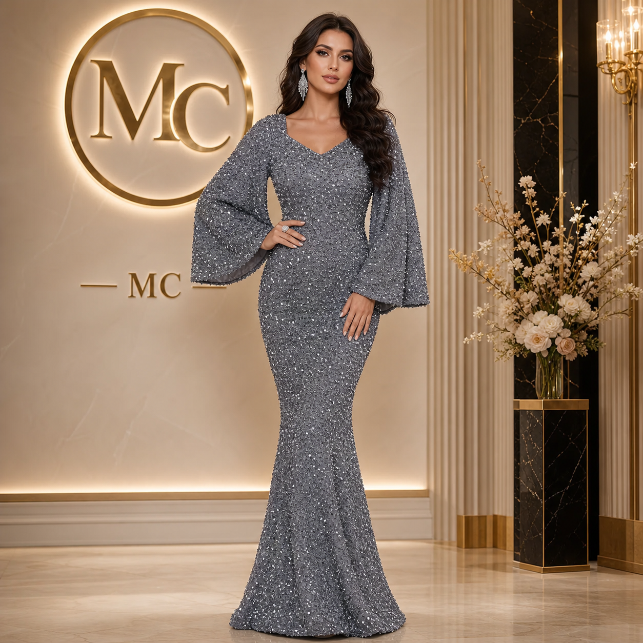 MC Women's Deep V Neck Mermaid Hem dress showing elegant neckline and flowing mermaid hem in black fabric.