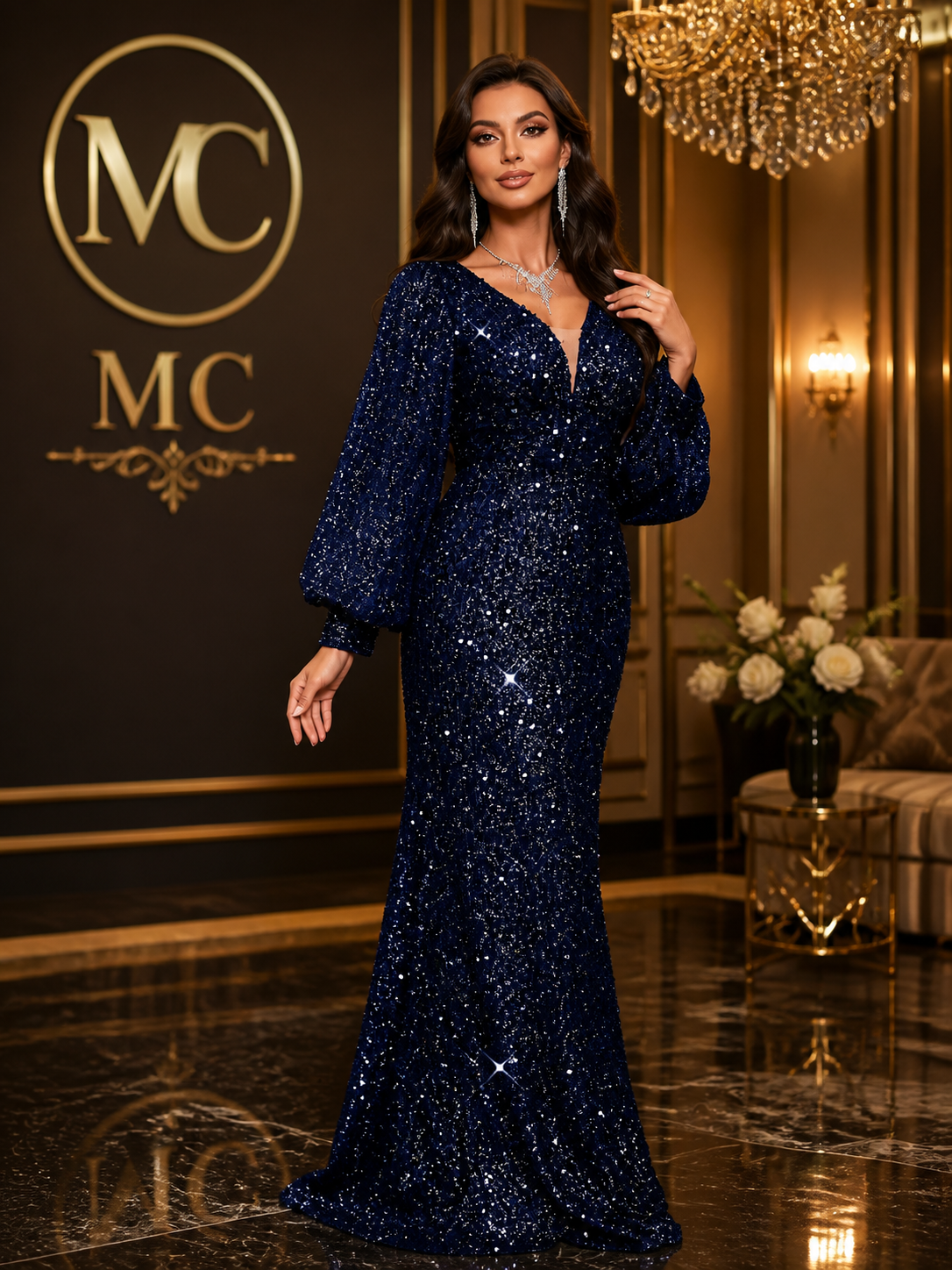 MC Women's Deep V Neck Mermaid Hem dress showcasing a fitted silhouette and elegant design in black fabric.