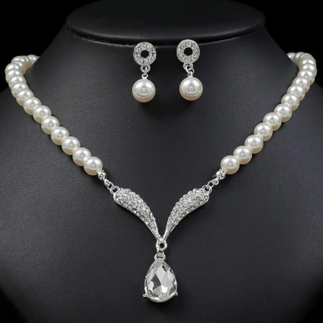 3-Piece Pearl Droplet Necklace and Earrings Set for Weddings and Special Events